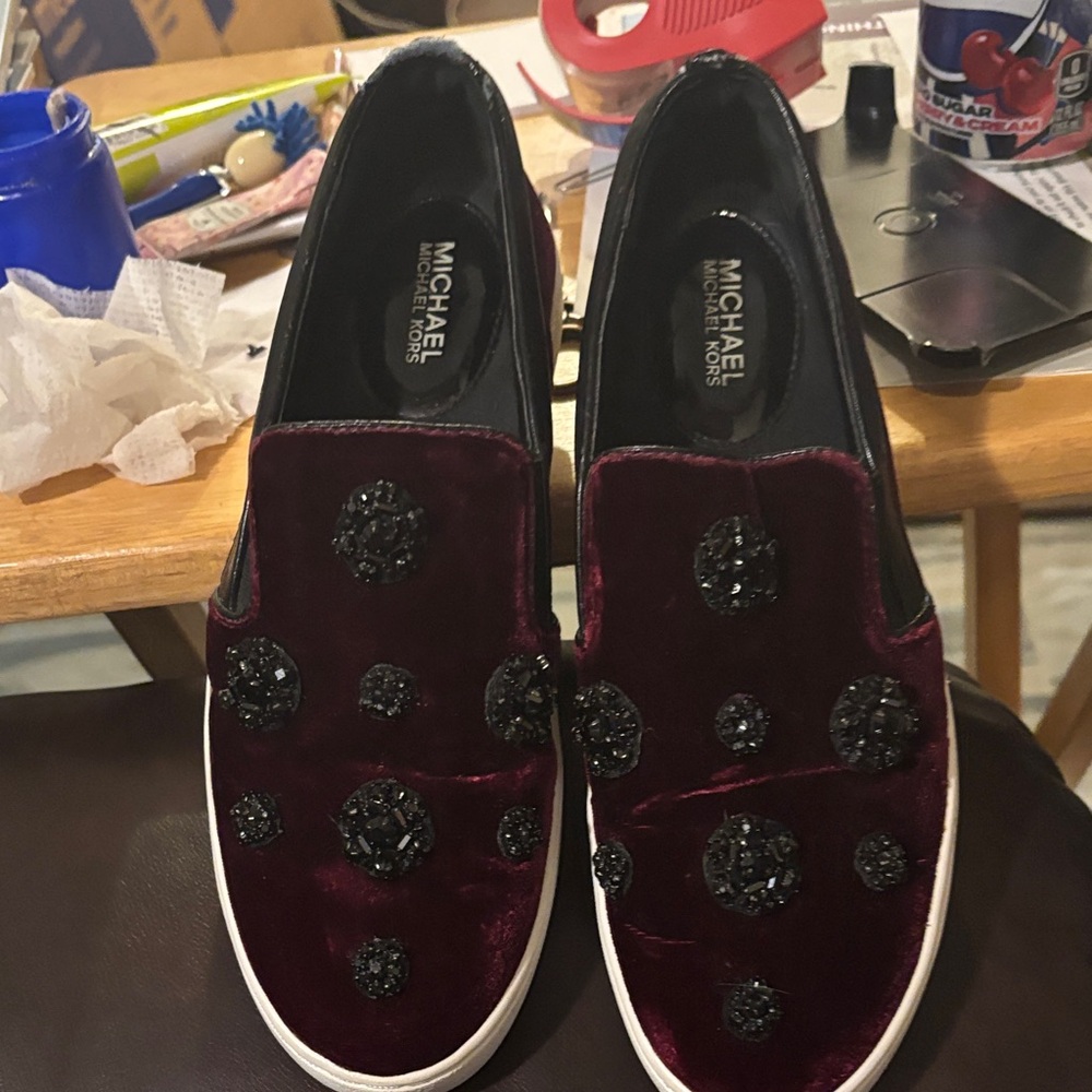 Michael Kors Dark Red Velvet Slip-Ons with Black Accents - tiny wears - Picture 2 of 13